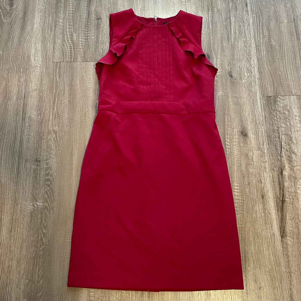 Ann Taylor Womens Dress Size 10 Red Ruffle Pleated Sheath Sleeveless Workwear